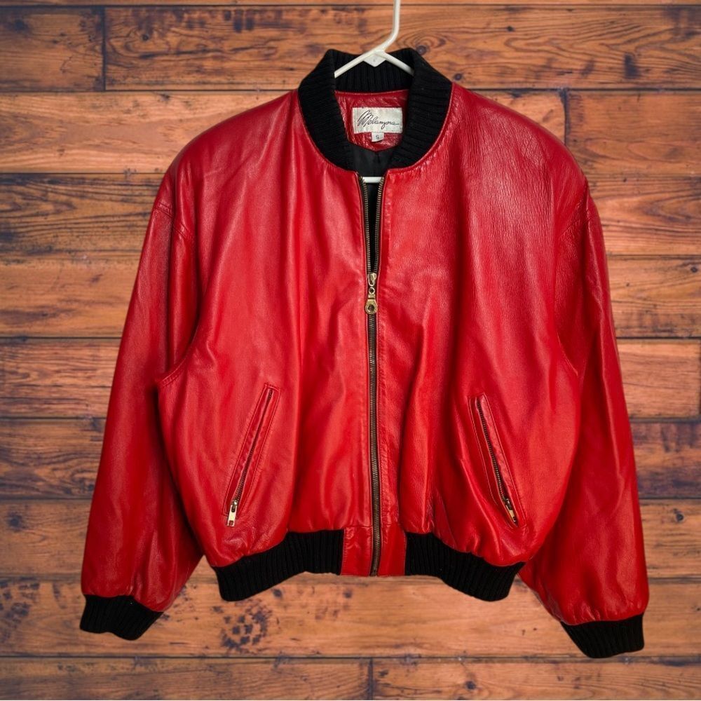 Melanzona Lipstick Red Zip Front Leather Jacket Small‎